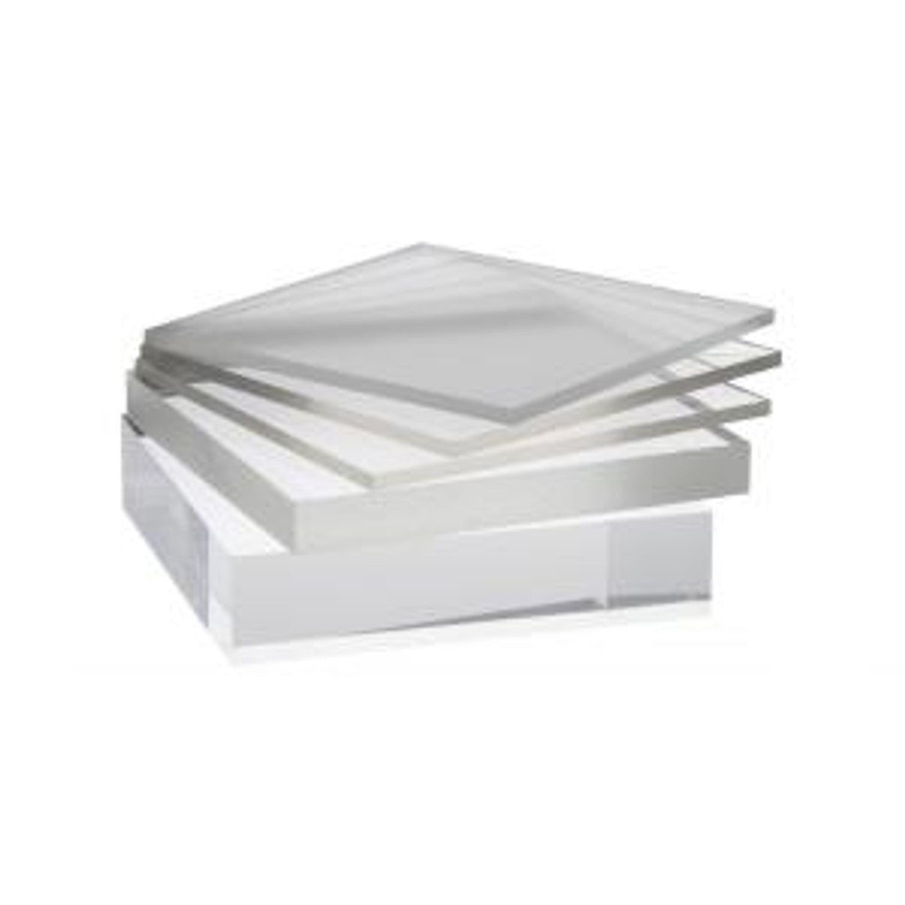 A selection of 1/4 in. x 4 ft. x 8 ft. Laired Plastics Acrylic Cast Clear sheets by Go Build, The Fastest Way To Build, is elegantly fanned out. Known for their crystal-clear and smooth appearance, these durable acrylic sheets rest on a white surface.